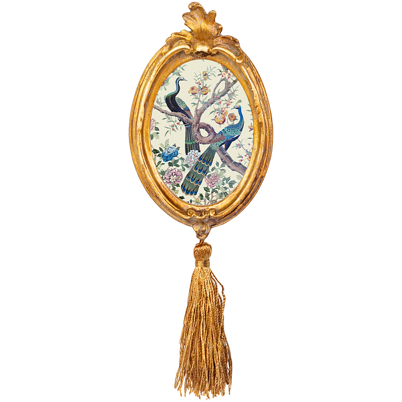Картина с изображением павлинов в саду в овальной позолоченной раме с кисточкой Chinoiserie Imperial Garden Peacocks on a Tree Poster Золотой Мульти Бирюзовый в Тюмени | Loft Concept 