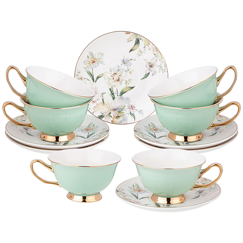 Чайный набор из фарфора на 6 персон Tea Porcelain Set Белый Золотой Зеленый Чайный набор из фарфора на 6 персон Tea Porcelain Set Белый Золотой Зеленый в Тюмени | Loft Concept