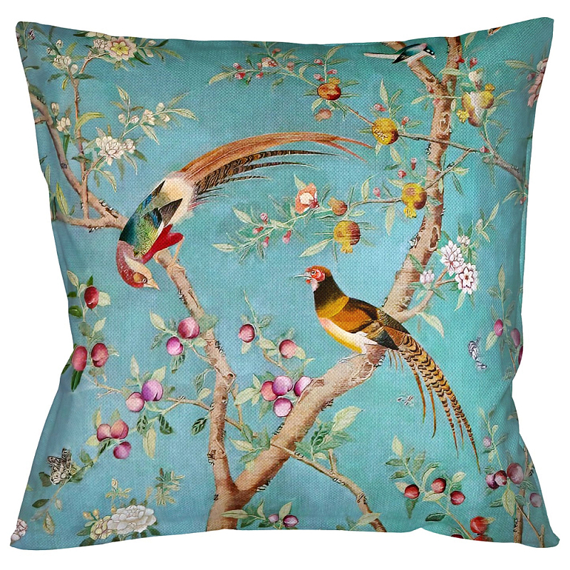 Подушка декоративная с изображением птиц в саду Chinoiserie Birds in the Peach Orchard Cushion Мульти Бирюзовый в Тюмени | Loft Concept 