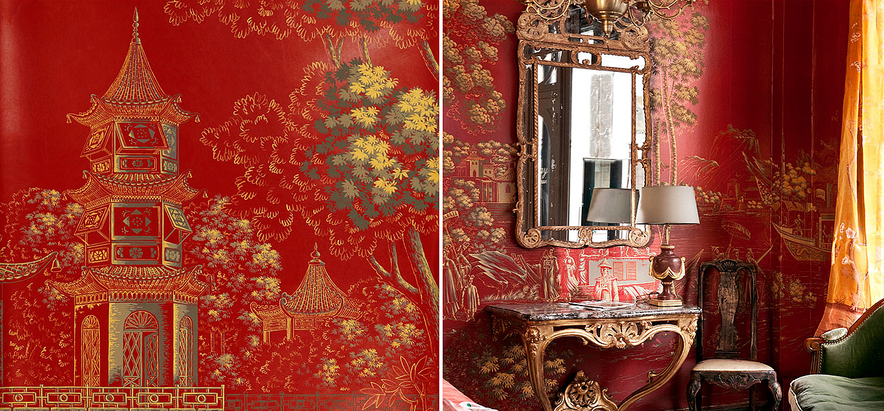 Обои ручная роспись Procession Chinoise Gold Outline on Scarlet Lady dyed paper with lacquered finish Обои ручная роспись Procession Chinoise Gold Outline on Scarlet Lady dyed paper with lacquered finish - Loft-Concept в Тюмени
