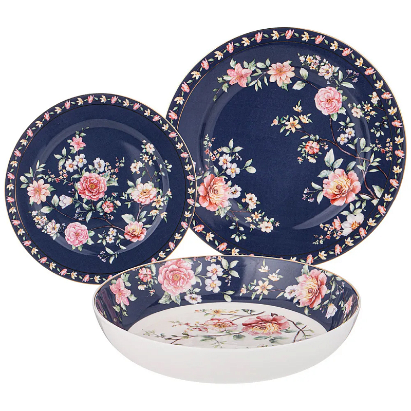 Набор посуды обеденный из фарфора на 6 персон 18 предметов Flower Porcelain Collection Синий Красный Зеленый Набор посуды обеденный из фарфора на 6 персон 18 предметов Flower Porcelain Collection Синий Красный Зеленый в Тюмени | Loft Concept