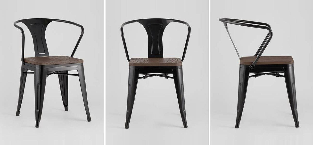 Стул Tolix с подлокотниками Черный Глянцевый Металл Деревянное Сидение - Loft-Concept в Тюмени