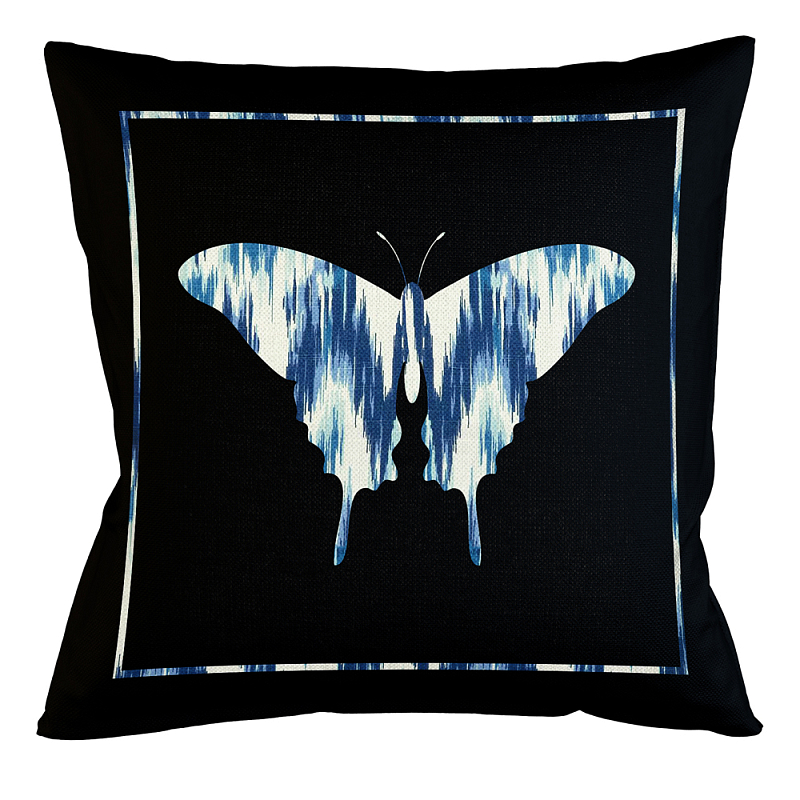 Подушка декоративная бабочка с синим узором Ikat Pattern Черный Белый Синий Бежевый Подушка декоративная бабочка с синим узором Ikat Pattern Черный Белый Синий Бежевый в Тюмени | Loft Concept