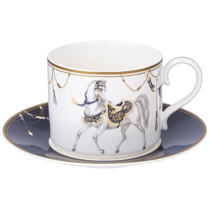 Чайная пара из фарфора с изображением лошади 300 мл Porcelain Horse Set 2 Белый Синий Золотой в Тюмени | Loft Concept 