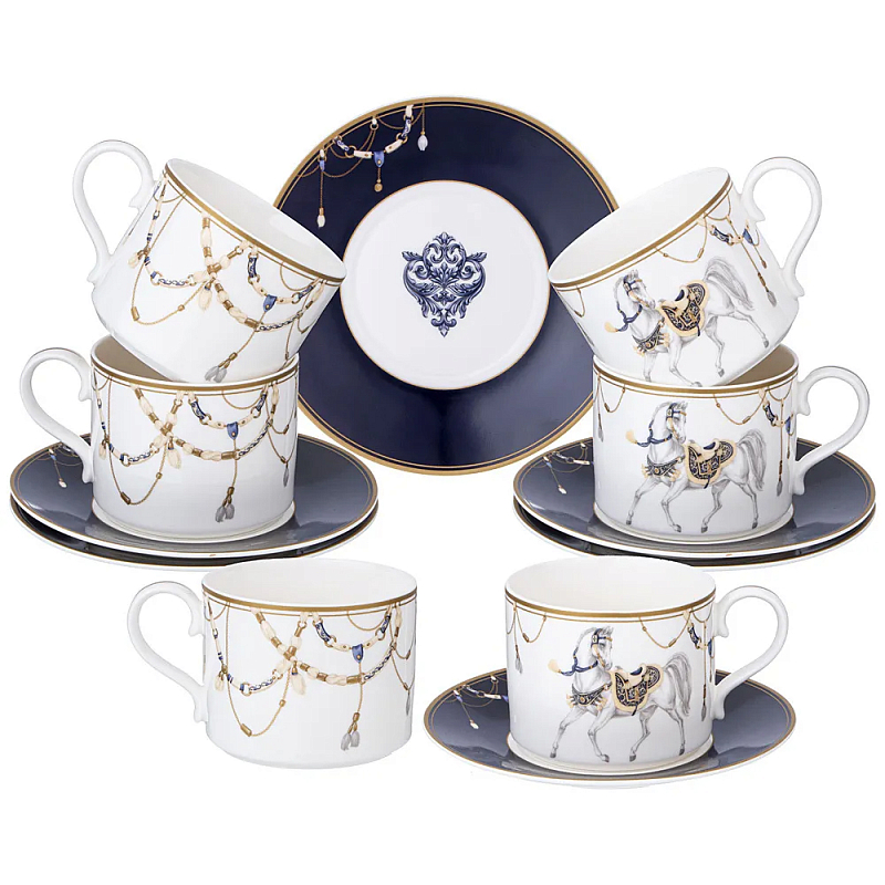 Чайный набор из фарфора с изображением лошадей на 6 персон 12 предметов Porcelain Horse Set Белый Синий Чайный набор из фарфора с изображением лошадей на 6 персон 12 предметов Porcelain Horse Set Белый Синий в Тюмени | Loft Concept