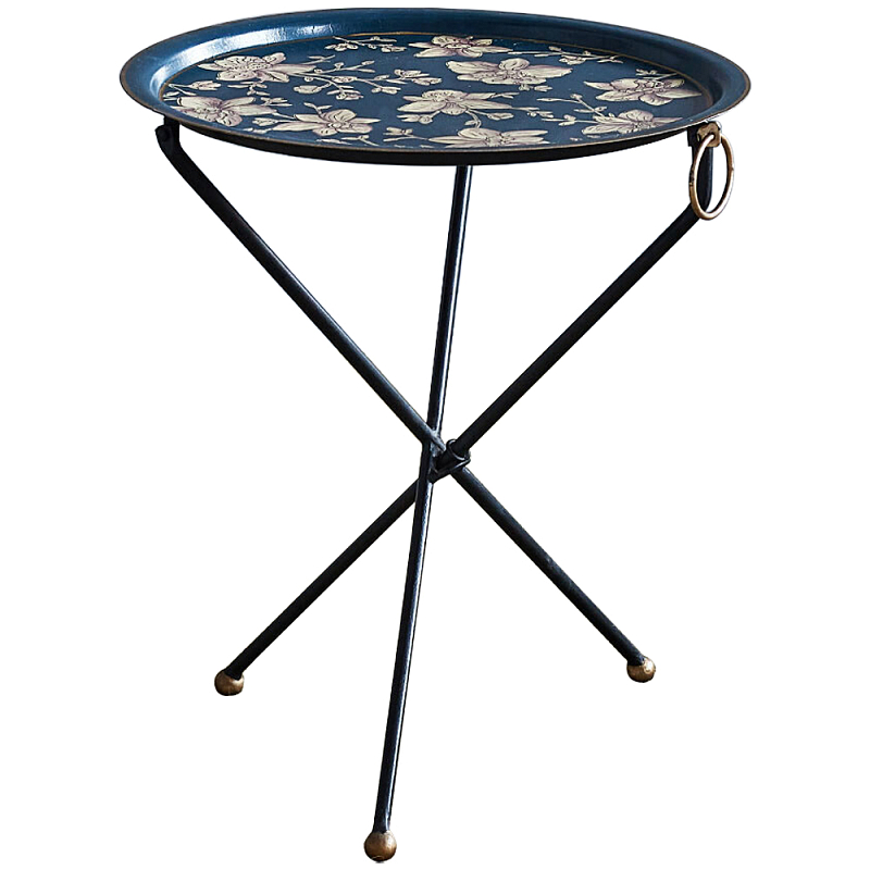 Круглый приставной столик складной Chinoiserie Flowers Side Table Синий Бежевый Латунь Круглый приставной столик складной Chinoiserie Flowers Side Table Синий Бежевый Латунь в Тюмени | Loft Concept