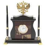 Часы настольные с Гербом России и 2-мя шариковыми ручками в комплекте Stone Clock варинант исполнения - 4 | Loft Concept в Тюмени