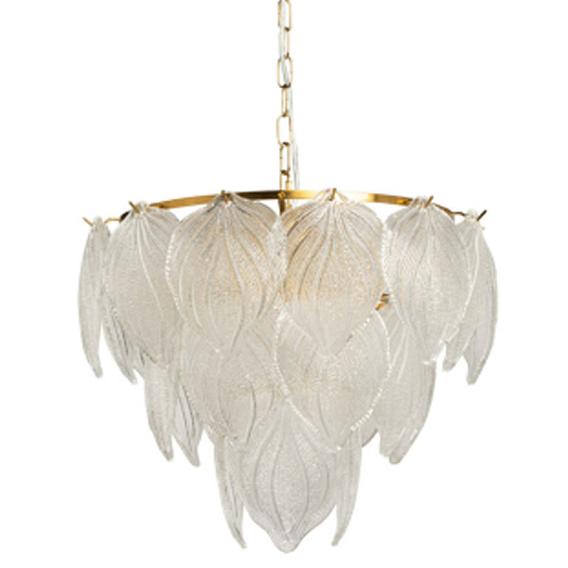 Люстра на цепи с прозрачными стеклянными подвесками в виде листьев Textured Glass Chandelier Прозрачное Стекло Латунь в Тюмени | Loft Concept 