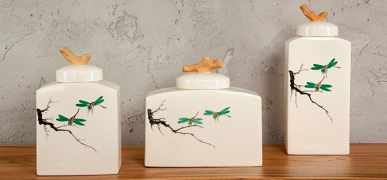 Ваза низкая с крышкой керамическая стрекоза Ornament Ваза низкая с крышкой керамическая стрекоза Ornament - Loft-Concept в Тюмени