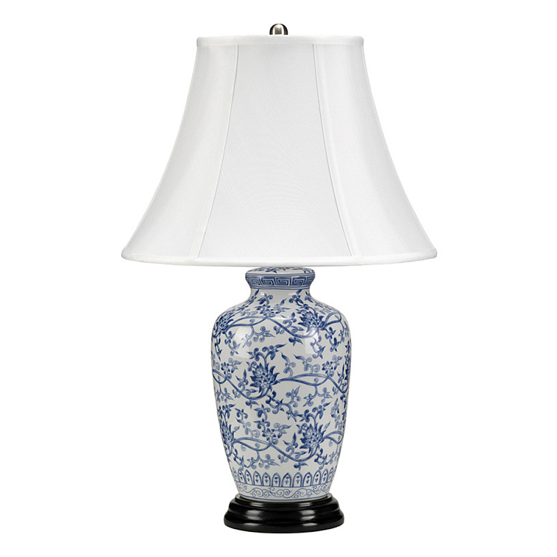 Настольная лампа с фарфоровым основанием с декоративным орнаментом и белым абажуром на темной круглой подставке Elstead Lighting Белый Синий Никель Черный Золотой Серебряный в Тюмени | Loft Concept 