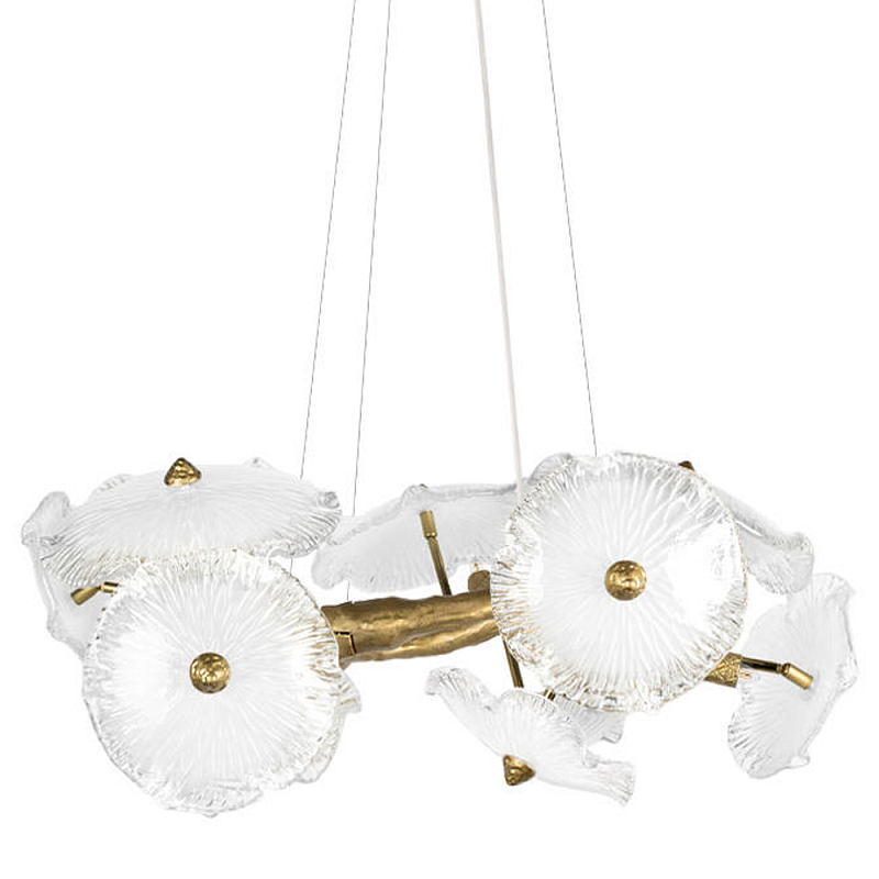 Люстра подвесная круглая с ветвистыми бронзовыми элементами и стеклянными рифлеными дисками Textured Glass Chandelier Античная Бронза Прозрачный в Тюмени | Loft Concept 