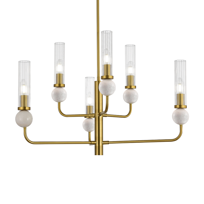 Люстра с 6-ю плафонами в форме стеклянных трубок и мраморных декоративных элементов Montreal Белый Латунь Прозрачный в Тюмени | Loft Concept 