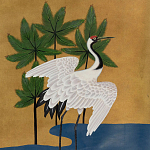 Обои ручная роспись Tsuro Cranes Original colourway on Gold Bullion gilded silk варинант исполнения - 1 | Loft Concept в Тюмени