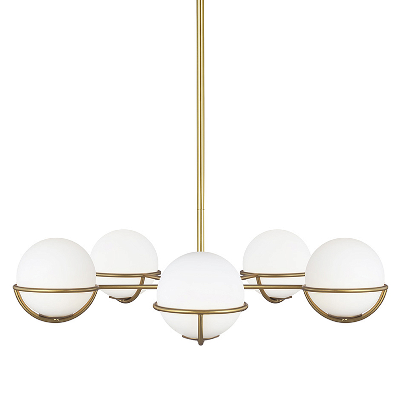 Люстра с 5-ю белыми шарообразными плафонами в сферические каркасах Feiss Латунь Белый в Тюмени | Loft Concept 