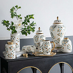 Ваза белая с крышкой с рисунком зеленых и золотых листьев 48 см Chinoiserie Ceramics варинант исполнения - 5 | Loft Concept в Тюмени