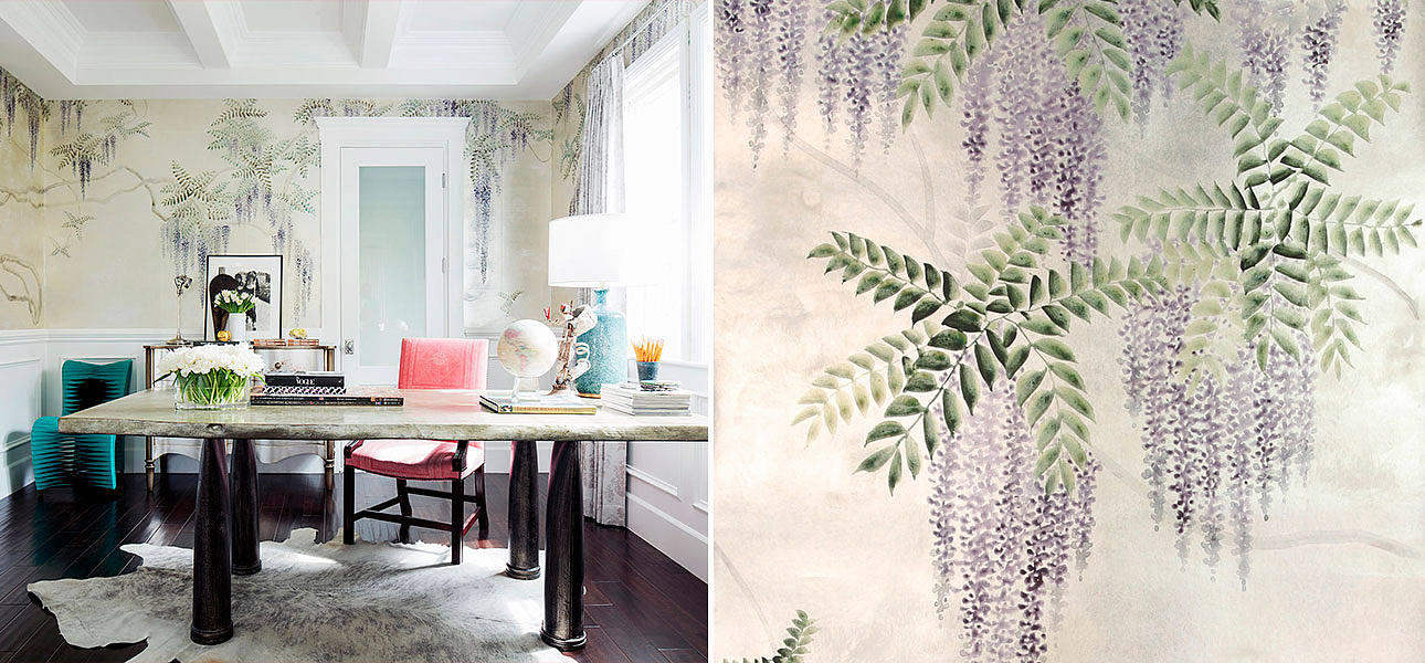 Обои в японском стиле Wisteria Lavender on White Metal gilded paper with pearlescent antiquing Обои в японском стиле Wisteria Lavender on White Metal gilded paper with pearlescent antiquing - Loft-Concept в Тюмени