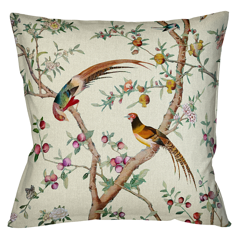 Подушка декоративная с изображением птиц в саду Beige Chinoiserie Birds in the Peach Orchard Cushion Мульти Бежевый в Тюмени | Loft Concept 