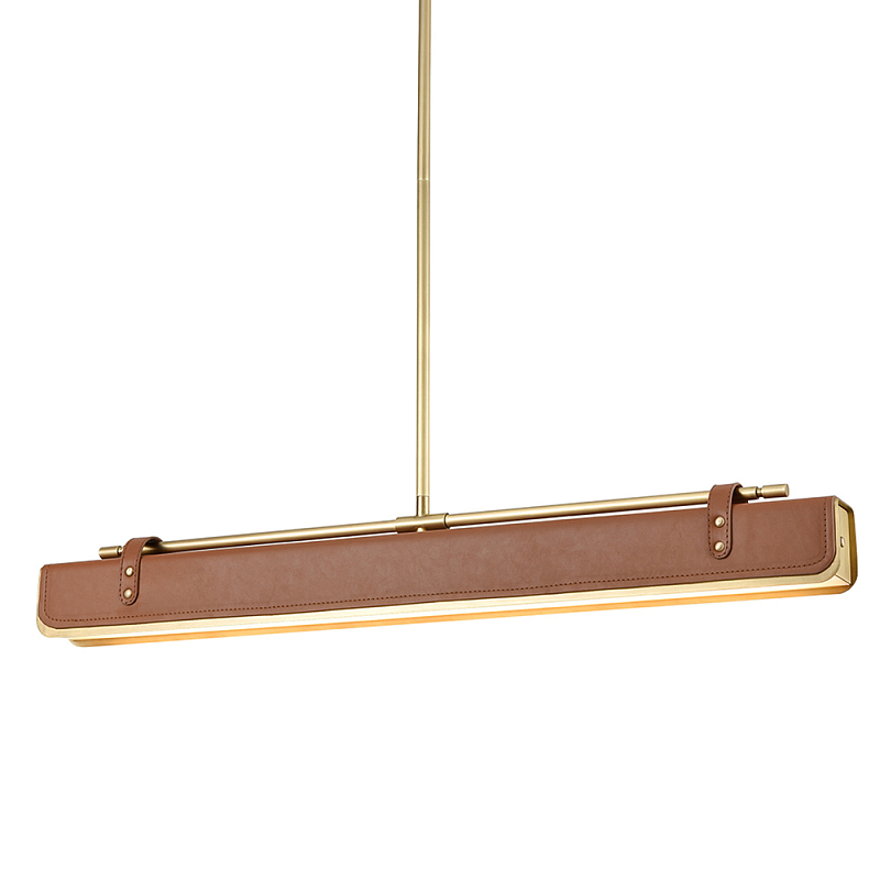 Подвесной светильник линейный латунного цвета в кожаном коричневом чехле и декоративными ремешками Alora Латунь Коричневый в Тюмени | Loft Concept 