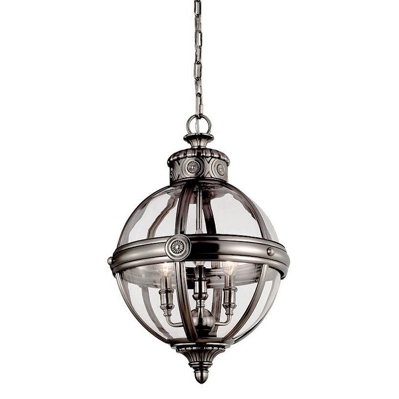 Подвесной светильник с прозрачным стеклянным плафоном в форме шара цвета никеля в индустриальном стиле на цепи 3 лампы Feiss Никель Прозрачное Стекло в Тюмени | Loft Concept 