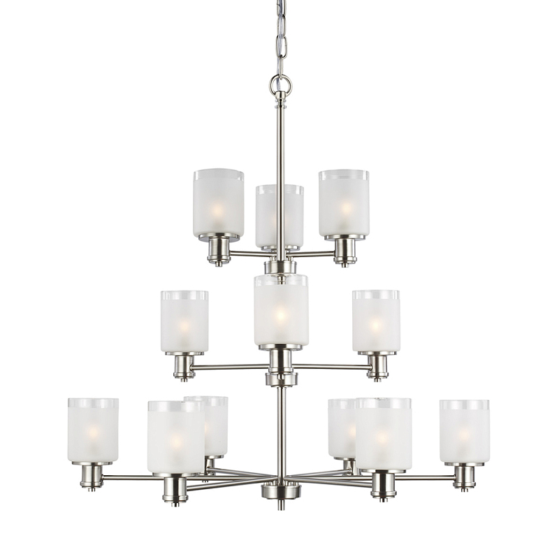 Люстра двухъярусная цвета никель с 12-ю матовыми цилиндрическими стеклянными плафонами Generation Lighting Никель Белый Бежевый в Тюмени | Loft Concept 