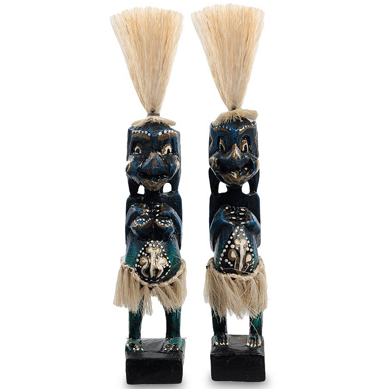 Комплект из 2-х деревянных статуэток Asmat Straw Headdress Statuettes Dark Blue Темно-синий Бирюзовый Черный Бежевый Комплект из 2-х деревянных статуэток Asmat Straw Headdress Statuettes Dark Blue Темно-синий Бирюзовый Черный Бежевый в Тюмени | Loft Concept