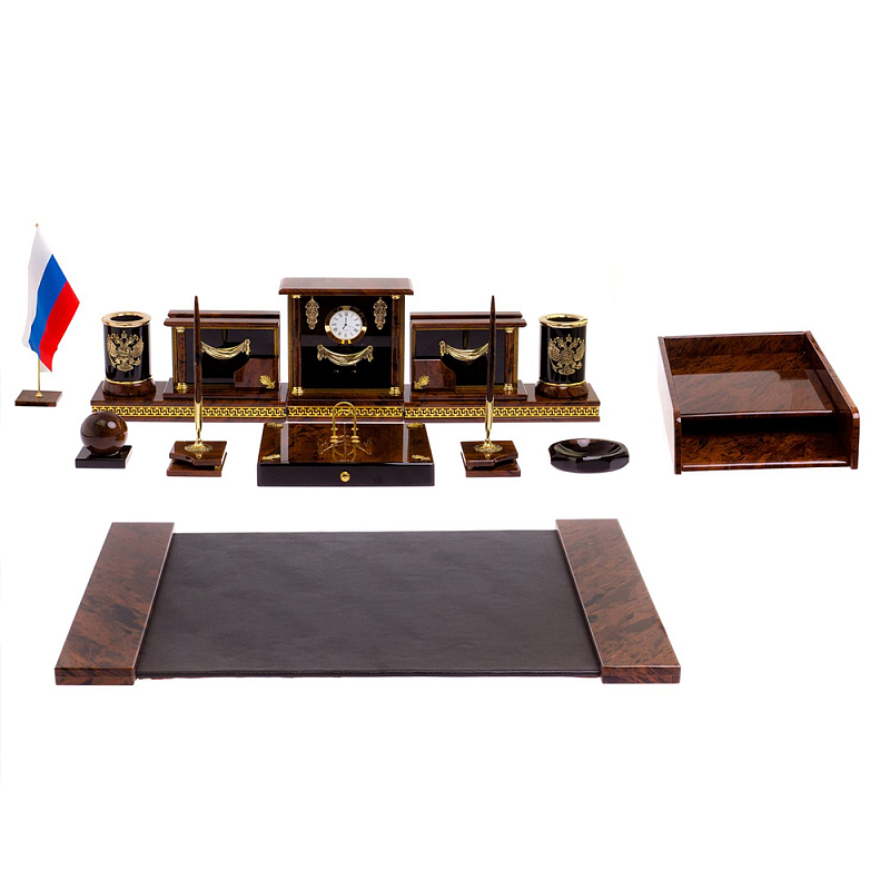 Настольный письменный набор с часами из природного камня обсидиана Royal Set Коричневый Бронза Настольный письменный набор с часами из природного камня обсидиана Royal Set Коричневый Бронза в Тюмени | Loft Concept