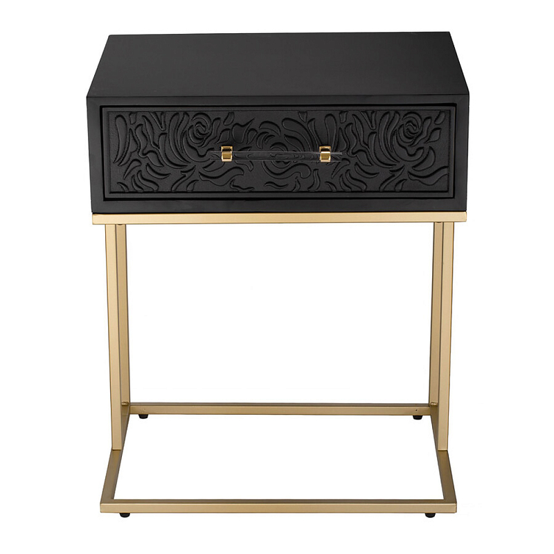 Приставной столик с резным узором на выдвижном ящике Black Table Carved Pattern Черный Золотой в Тюмени | Loft Concept 