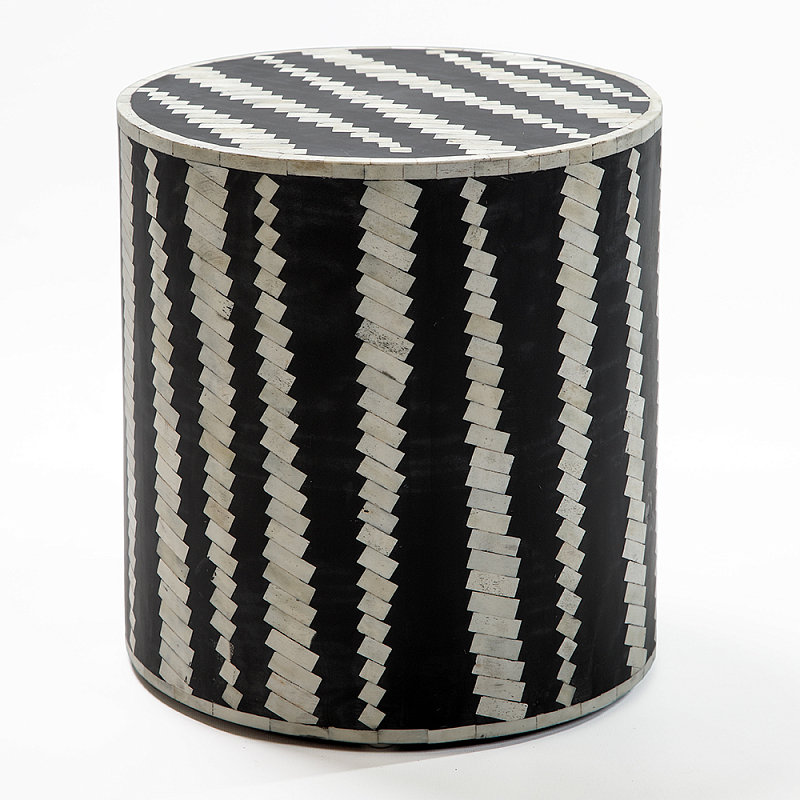 Приставной круглый столик с инкрустацией Black and White Geometry Stool ivory ( слоновая кость ) Черный в Тюмени | Loft Concept 