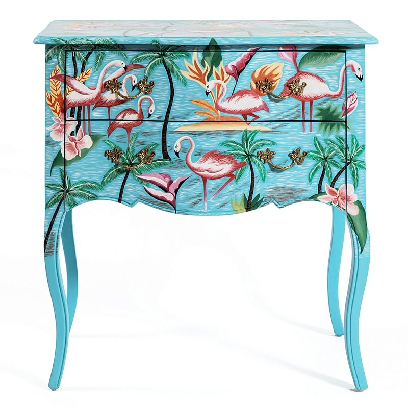 Комод с росписью Розовый фламинго L.XV CHEST OF DRAWERS Flowers with Flamingo Голубой Мульти в Тюмени | Loft Concept 