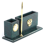 Настольный письменный набор с гербом России и часами из природного камня змеевик Successful Leader варинант исполнения - 2 | Loft Concept в Тюмени