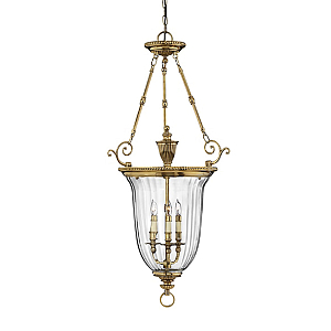 Подвесной светильник латунный с рифленым прозрачным плафоном и тремя свечеподобными лампами в классическом стиле Hinkley
