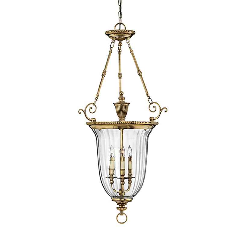 Подвесной светильник латунный с рифленым прозрачным плафоном и тремя свечеподобными лампами в классическом стиле Hinkley Латунь Прозрачное Стекло в Тюмени | Loft Concept 