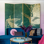 Обои ручная роспись в стиле Арт-деко Whistler Peacocks Original colourway on green painted silk варинант исполнения - 1 | Loft Concept в Тюмени