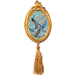 Картина с изображением павлинов в саду в овальной позолоченной раме с кисточкой Chinoiserie Imperial Garden Peacocks on a Tree Poster варинант исполнения - 2 | Loft Concept в Тюмени