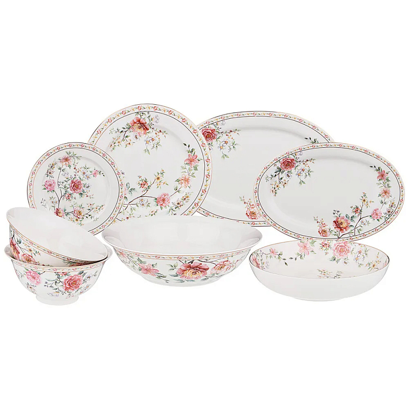 Сервиз обеденный из фарфора 23 предмета Flower Porcelain Collection Белый Красный Зеленый Сервиз обеденный из фарфора 23 предмета Flower Porcelain Collection Белый Красный Зеленый в Тюмени | Loft Concept