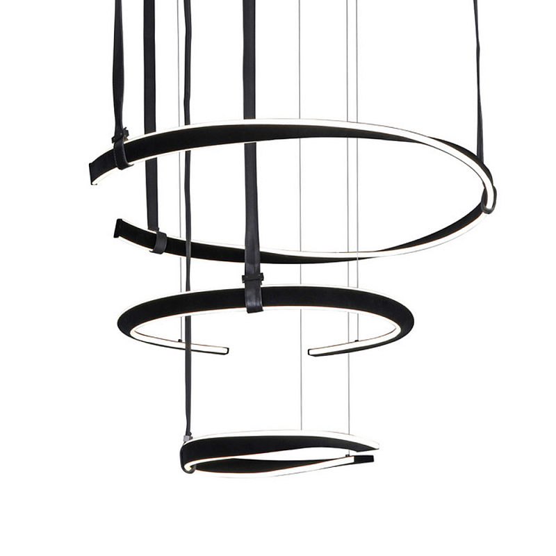 Люстра подвесная с 3-мя кольцами из кожаных ремней черного цвета Half Ring Horizontal  Черный Белый в Тюмени | Loft Concept 