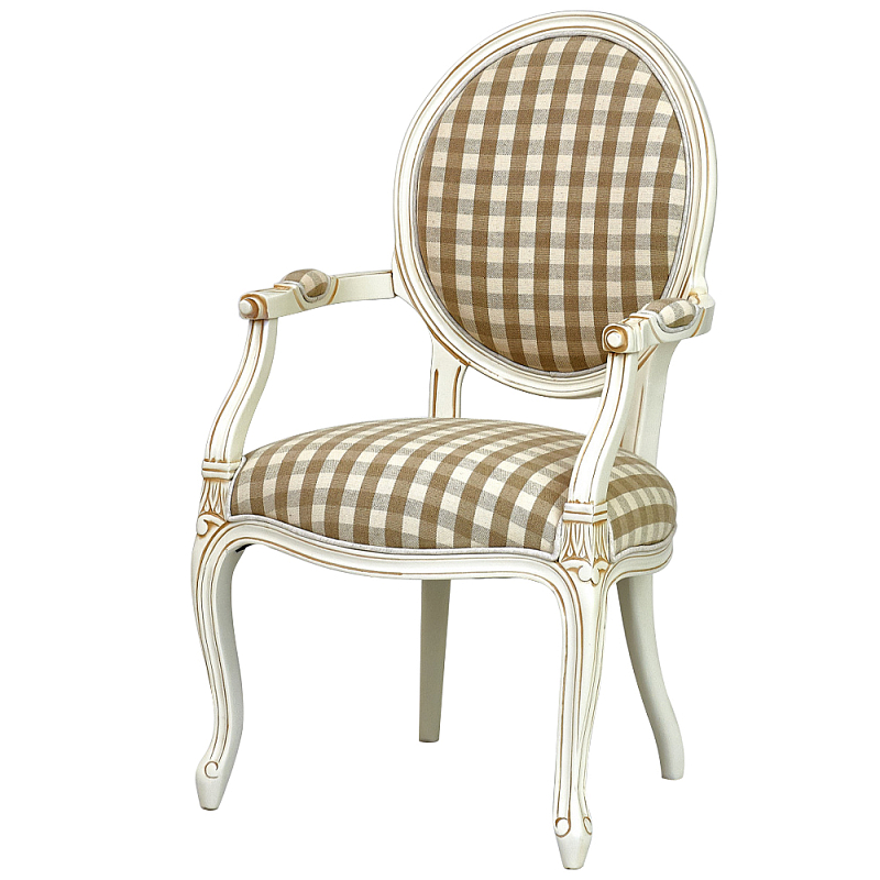 Стул с подлокотниками и круглой спинкой Checkered Upholstery Chair обивка в клетку ivory ( слоновая кость ) Коричневый Бежевый Стул с подлокотниками и круглой спинкой Checkered Upholstery Chair обивка в клетку ivory ( слоновая кость ) Коричневый Бежевый в Тюмени | Loft Concept