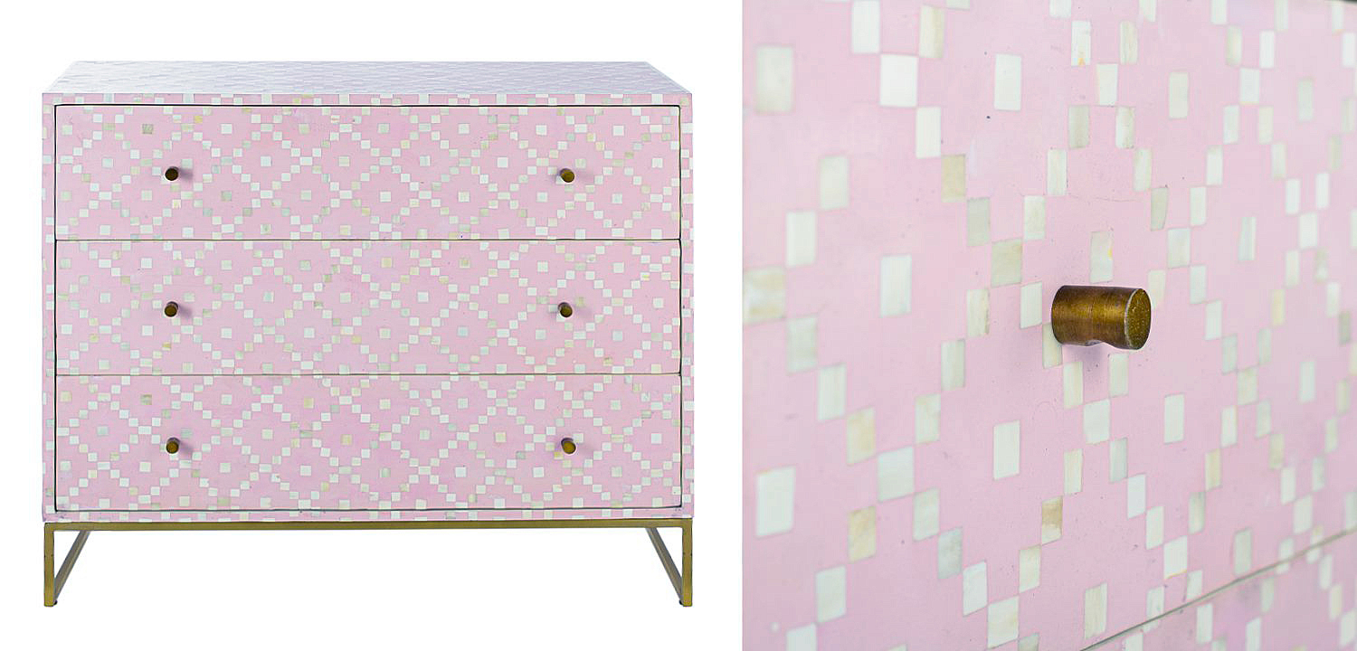 Комод инкрустация костью Pink Indian Bone Inlay 3 drawer Розовый Комод инкрустация костью Pink Indian Bone Inlay 3 drawer Розовый - Loft-Concept в Тюмени