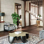 Дизайнерский журнальный стол округлой формы чёрный с золотой столешницей Fufem варинант исполнения - 3 | Loft Concept в Тюмени