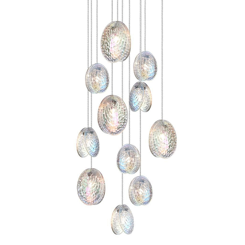 Люстра каскадная с 11-ю круглыми плафонами из рельефного стекла Disc Light Черный Прозрачный Перламутровый в Тюмени | Loft Concept 
