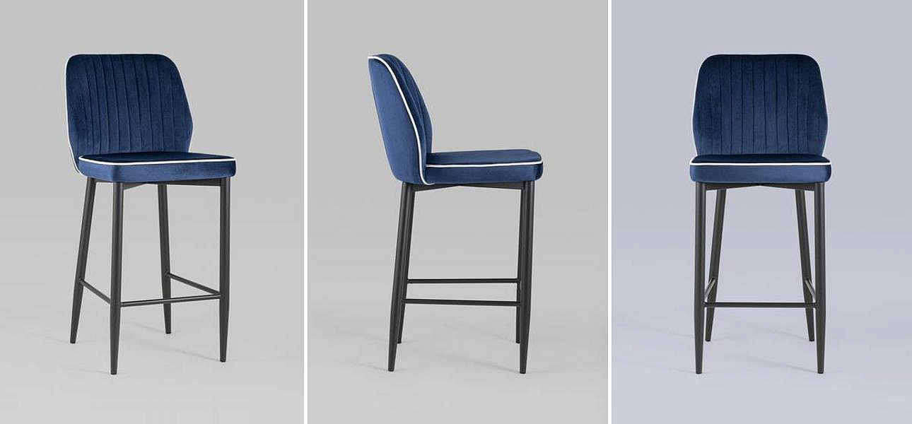 Барный Стул Lawrence Chair Синий Велюр Белый кант Барный Стул Lawrence Chair Синий Велюр Белый кант - Loft-Concept в Тюмени