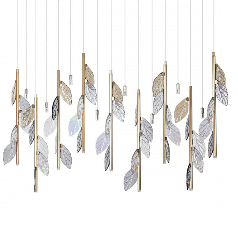 Люстра с золотистыми трубками и прозрачными стеклянными листьями на подвесах Sylva  матовое золото Дымчатый (Smoke) Прозрачное Стекло в Тюмени | Loft Concept 