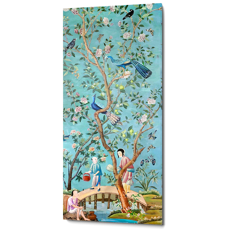 Постер на холсте в стиле шинуазри Chinoiserie Bridge in the garden Poster Бирюзовый Мульти в Тюмени | Loft Concept 