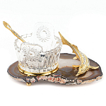 Икорница с ложкой с декором "Кадушка" с гравировкой на подставке из натурального камня Агат Decorative Cavair Dishes варинант исполнения - 1 | Loft Concept в Тюмени