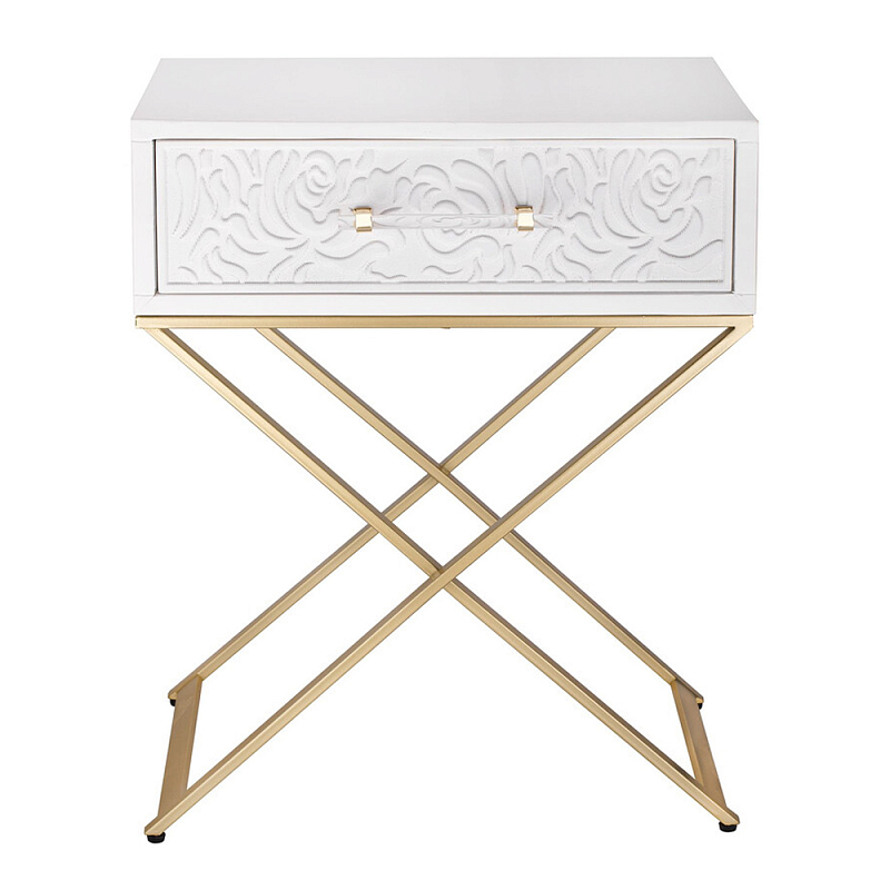 Приставной столик с выдвижным ящиком  White Table Carved Pattern Белый Золотой в Тюмени | Loft Concept 
