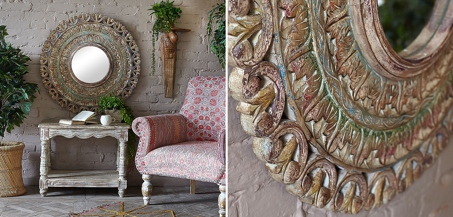 Зеркало в резной раме Manjula Grey Mango Carved Mirror Зеркало в резной раме Manjula Grey Mango Carved Mirror - Loft-Concept в Тюмени