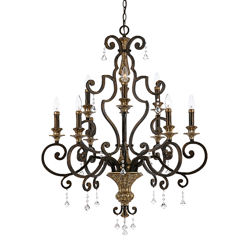 Люстра с подвесками из прозрачного стекла на кованом каркасе бронзового цвета в классическом стиле Quoizel Бронза Прозрачное Стекло Золотой в Тюмени | Loft Concept 