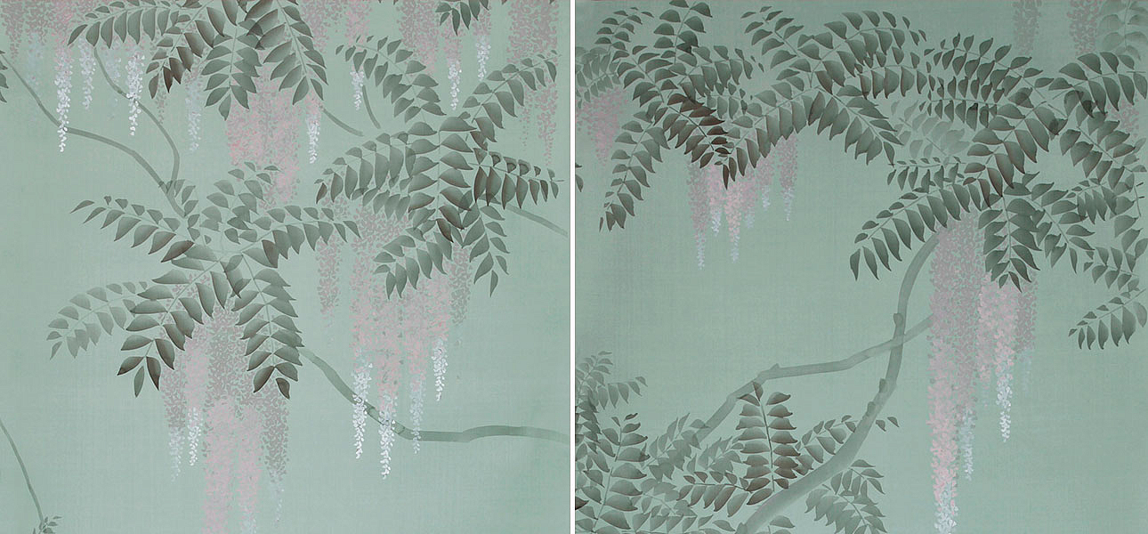 Обои в Японском стиле Wisteria Special Colourway on Blue Grey dyed silk Обои в Японском стиле Wisteria Special Colourway on Blue Grey dyed silk - Loft-Concept в Тюмени