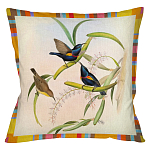 Декоративная подушка бежевая в разноцветную полоску с изображением птиц и цветов Blooming Birds Colorful Cushion варинант исполнения - 8 | Loft Concept в Тюмени