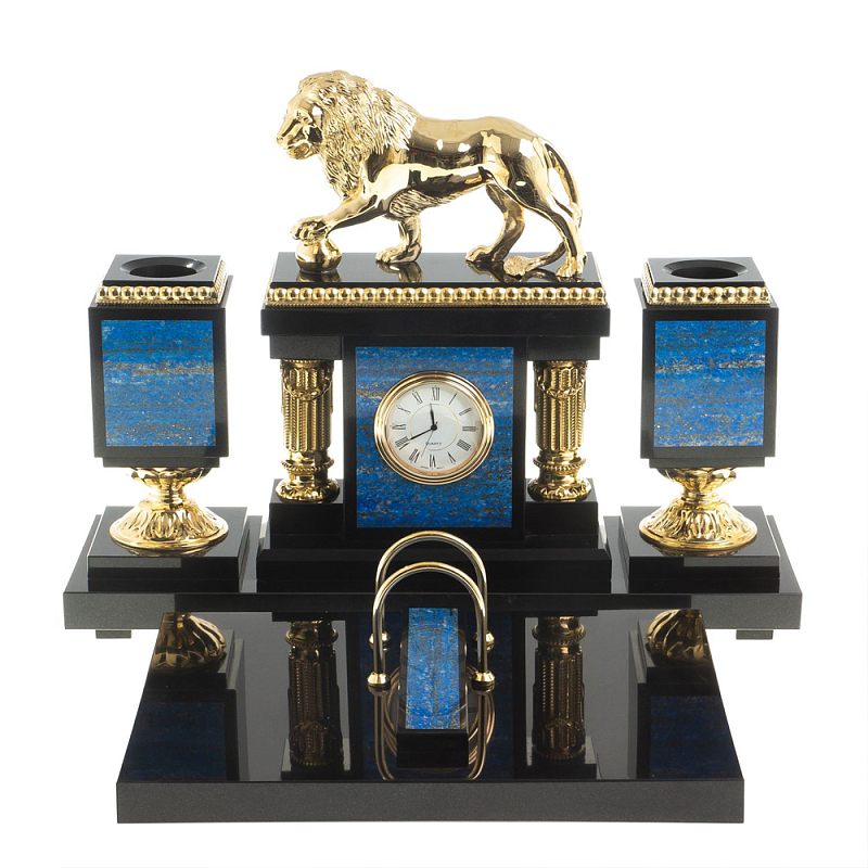 Настольный письменный набор из лазурита с декором в виде льва Golden Lion Лазурь Бронза Настольный письменный набор из лазурита с декором в виде льва Golden Lion Лазурь Бронза в Тюмени | Loft Concept